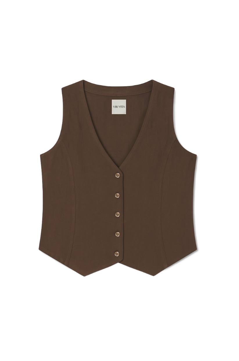 Flat image of a dark brown sustainable 100% linen vest with matching Italian handcrafted buttons  - VIR VITA #color_chestnut