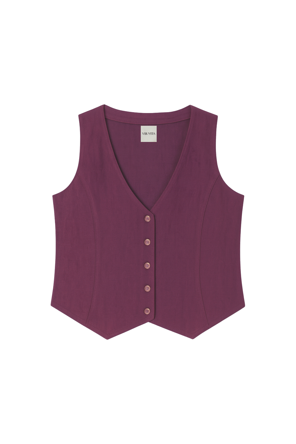 Flat image of a plum purple 100% linen vest with matching Italian handcrafted buttons - VIR VITA
#color_plum