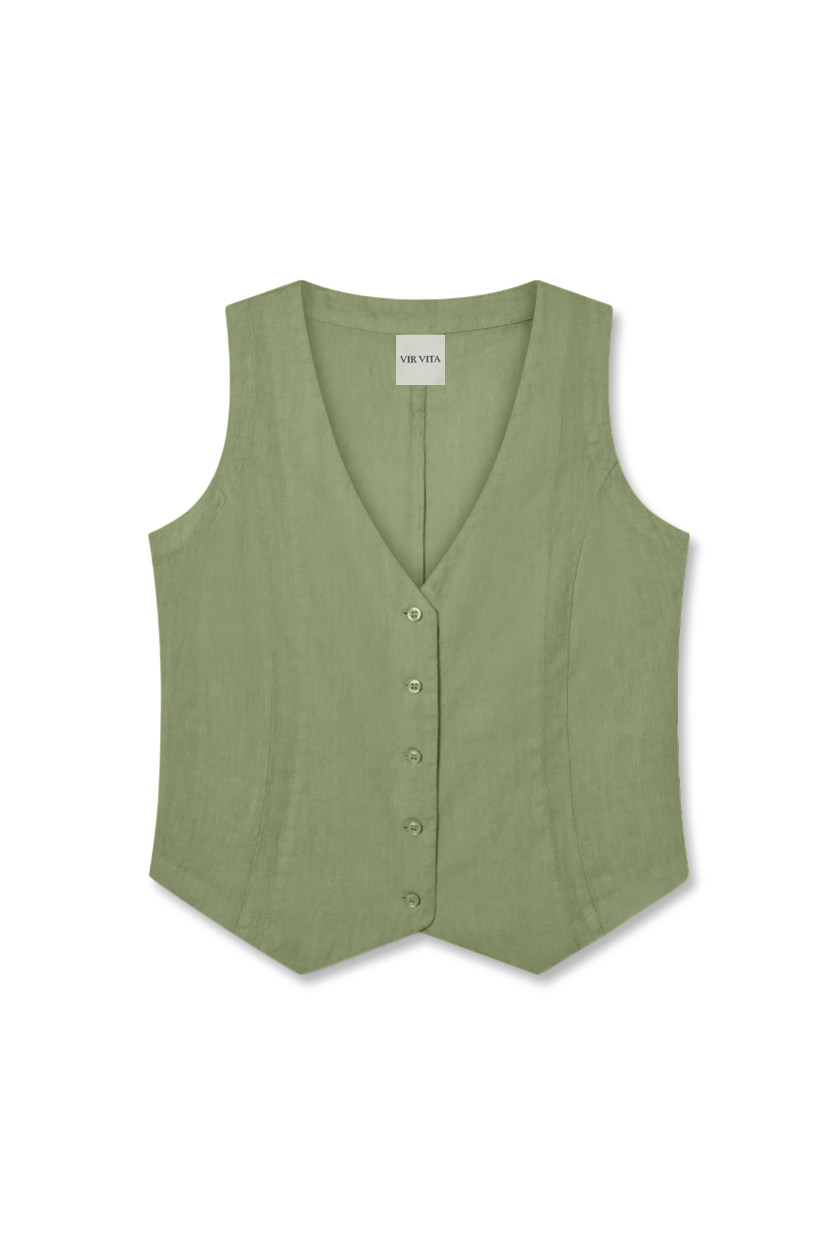 Flat image of a sage green colored sustainable 100% linen vest with handcrafted matching Italian buttons - VIR VITA
#color_sage