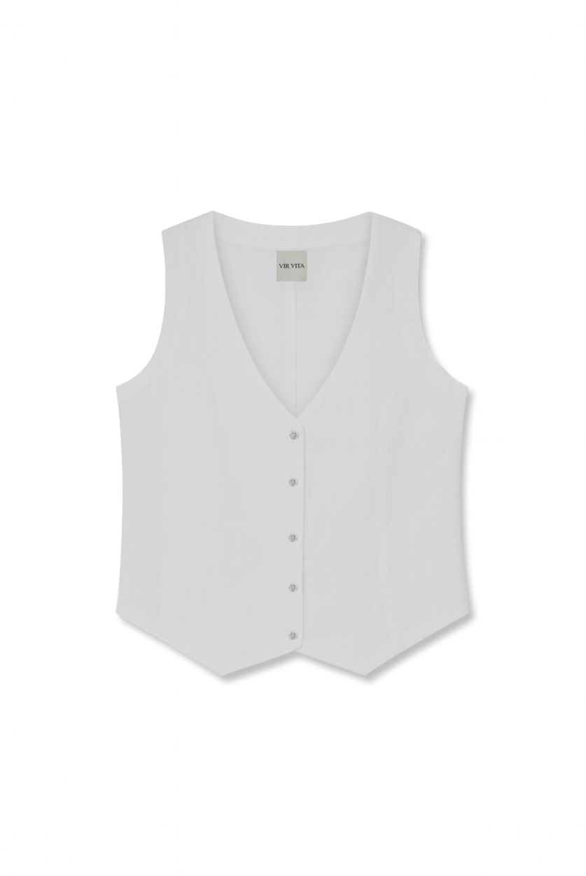 Flat image of a white sustainable 100%  linen vest with matching Italian handcrafted buttons - VIR VITA
#color_white