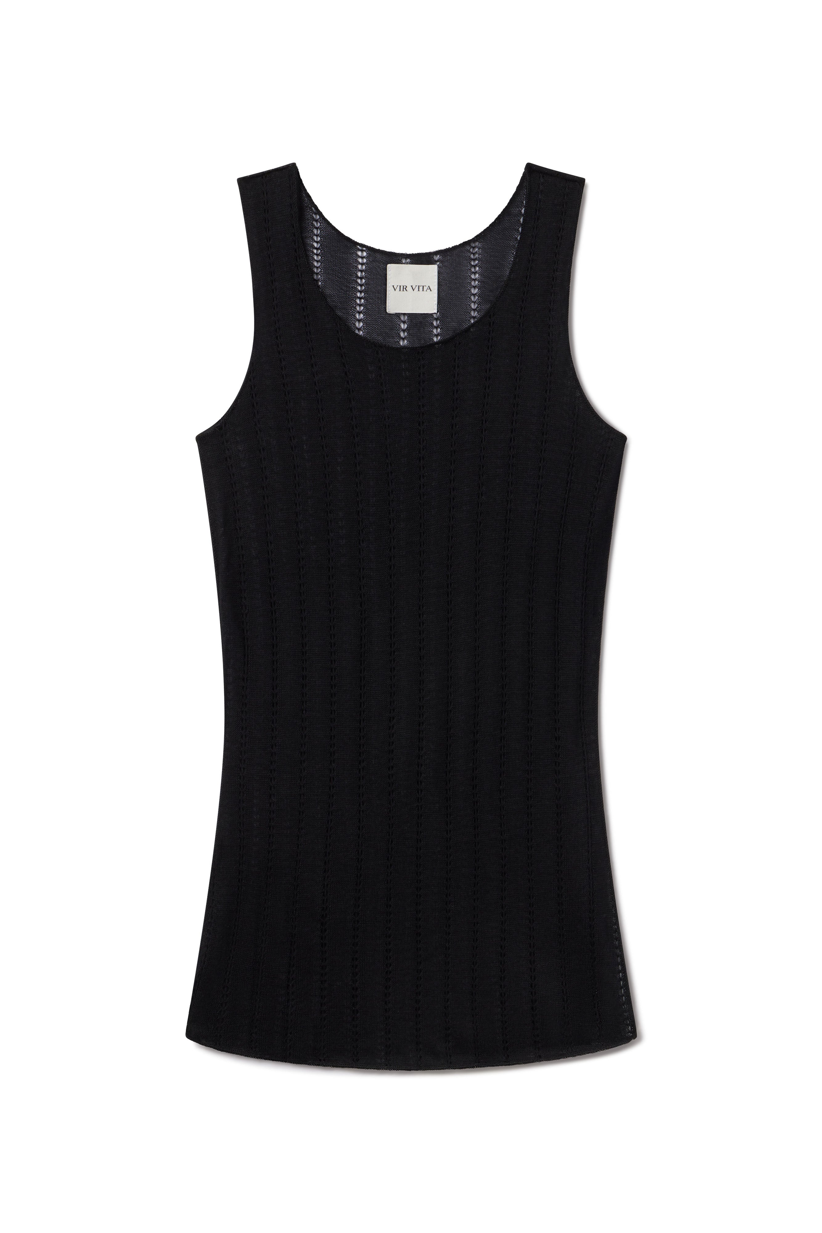 Pinwall photo of black cashmere knit tank top woven in italy 15 years ago. This is a sustainable dead stock fabric in a unique pointelle design - VIR VITA
#color_black