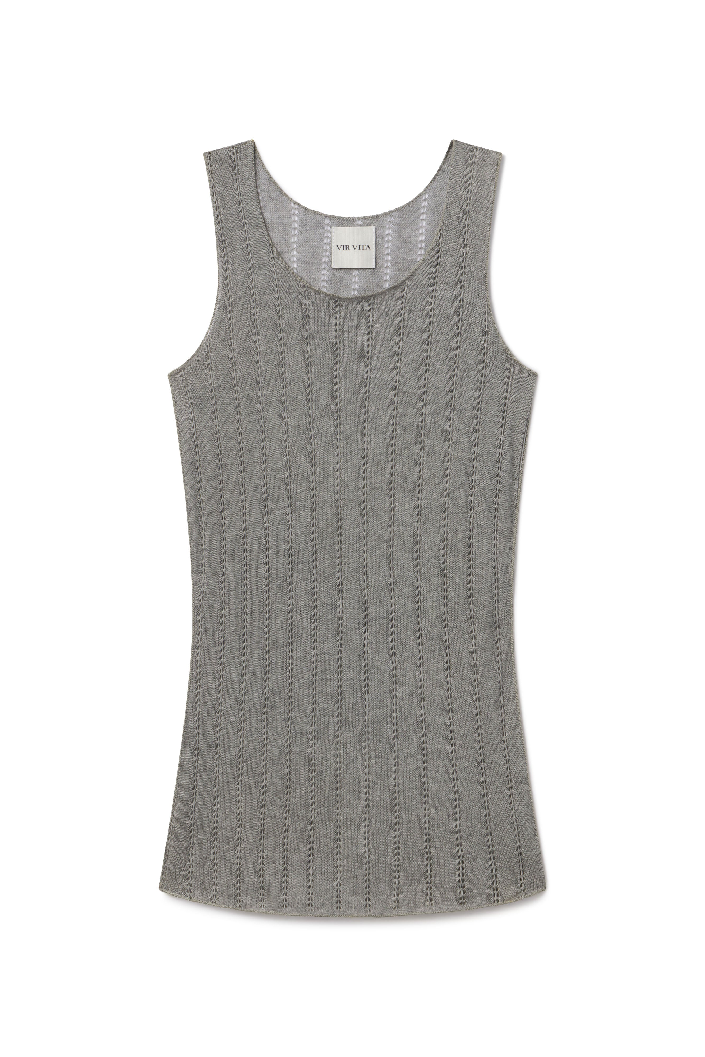 Pinwall photo of heather grey cashmere knit tank top woven in italy 15 years ago. This is a sustainable dead stock fabric in a unique pointelle design - VIR VITA
#color_heather grey