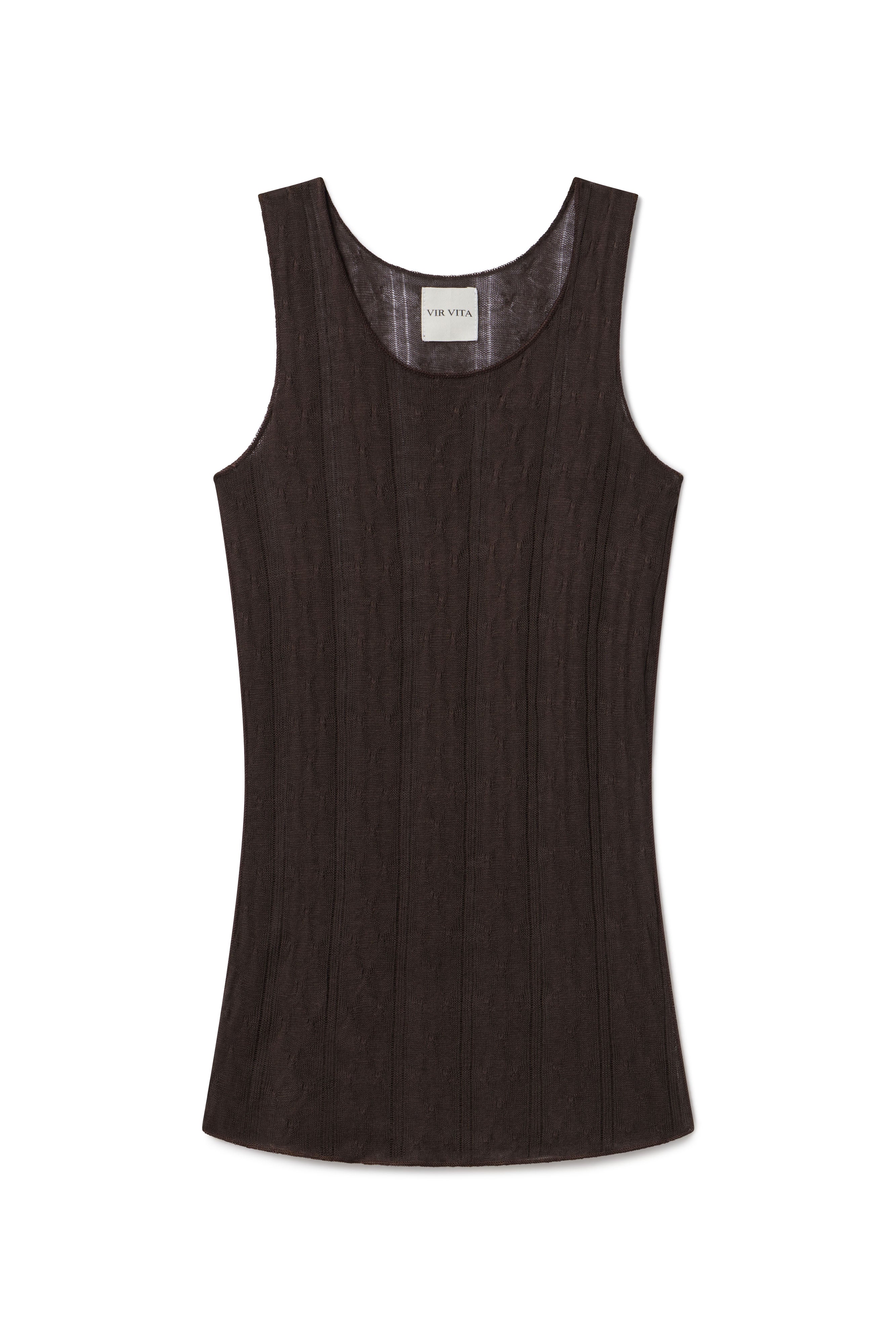 Pinwall photo of brown cashmere knit tank top woven in italy 15 years ago. This is a sustainable dead stock fabric in a unique pointelle design - VIR VITA
#color_espresso