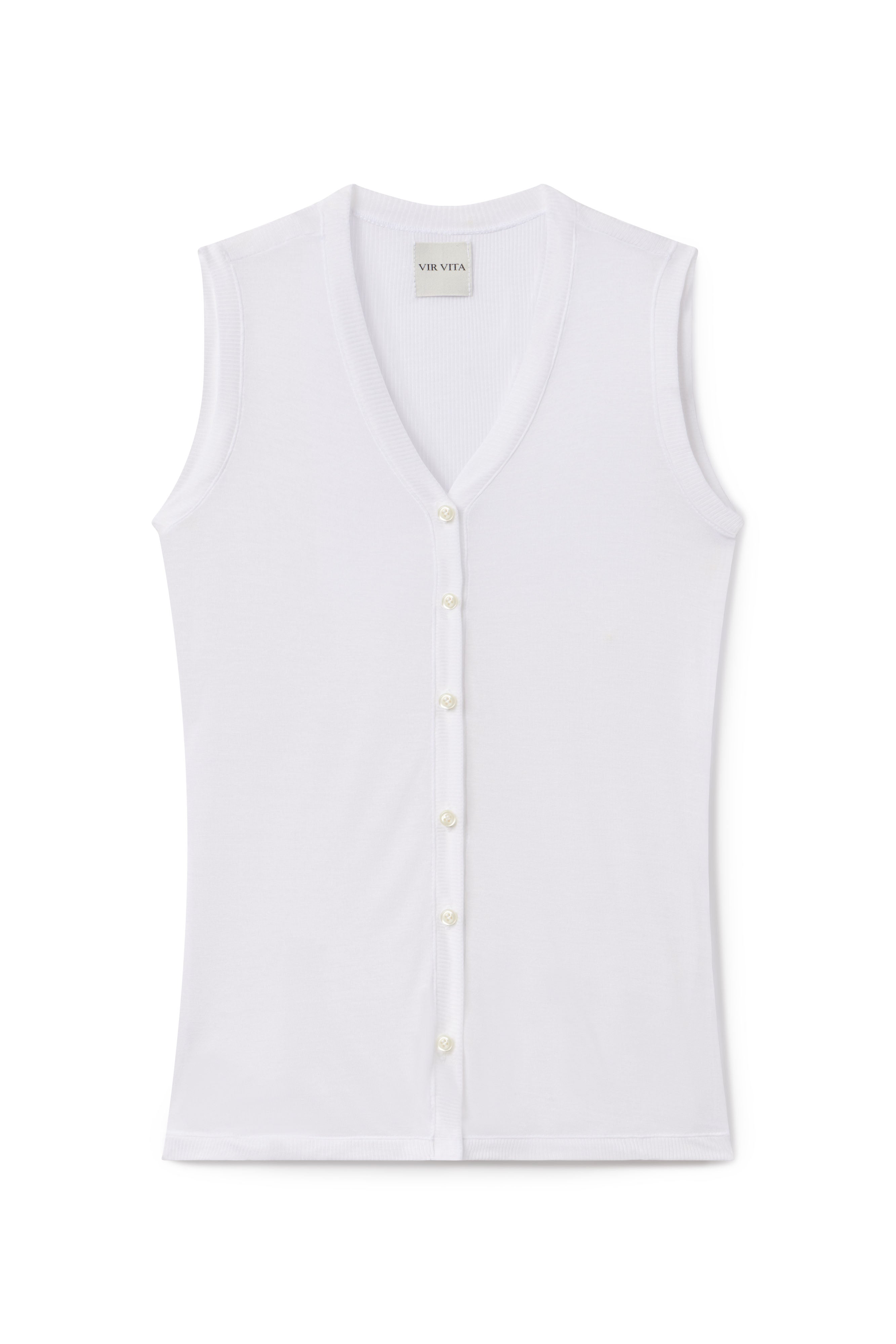 Pin wall photo of white modal silk vest with matching buttons and contrast ribbed fabric in trim - VIR VITA
#color_white