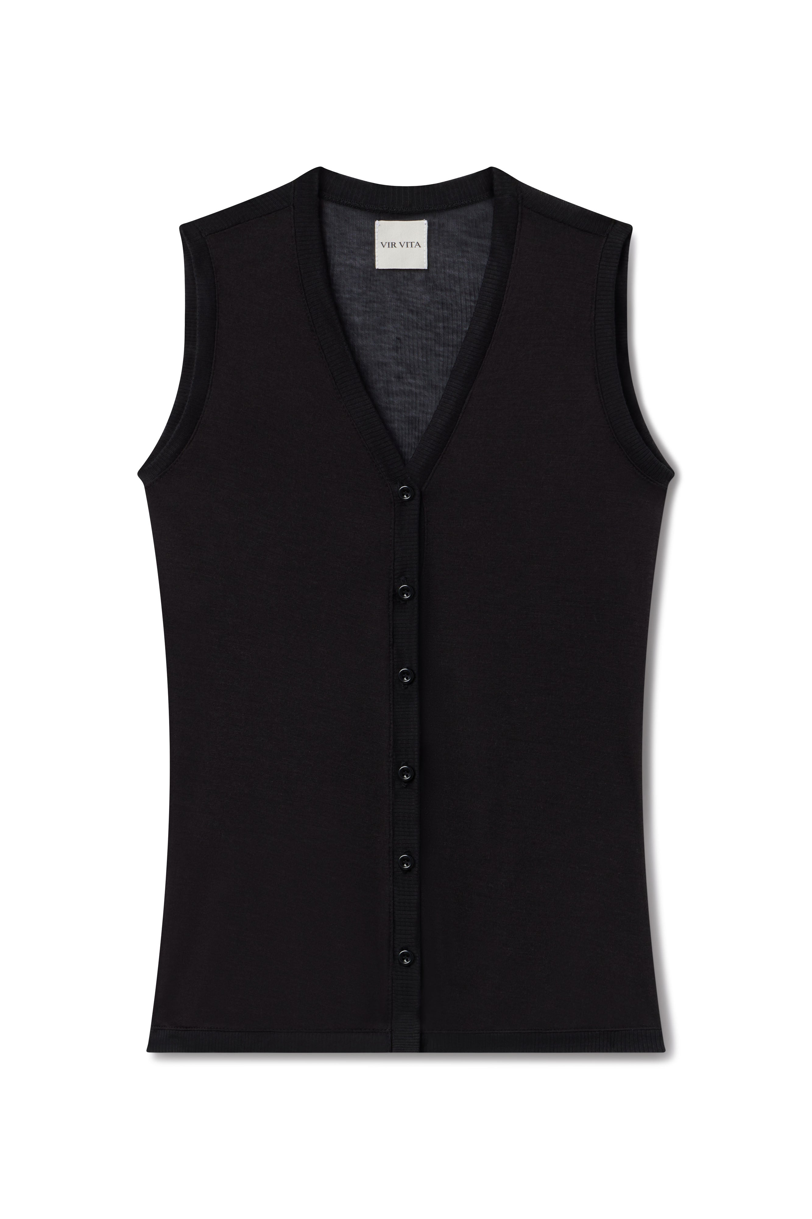 Pin wall photo of black modal silk vest with matching buttons and contrast ribbed fabric in trim - VIR VITA
#color_black