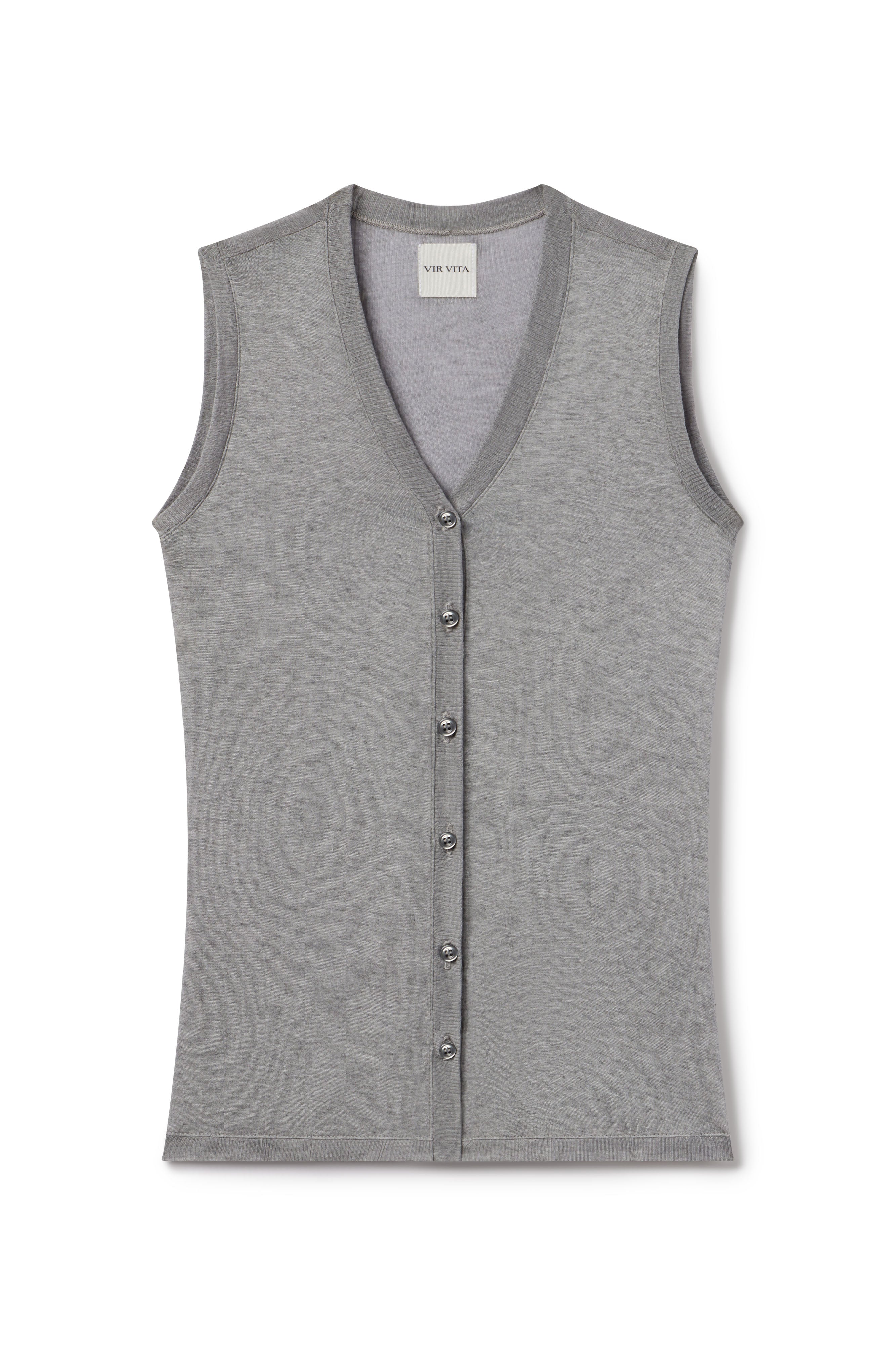 Pin wall photo of heather grey modal silk vest with matching buttons  contrast ribbed fabric in trim - VIR VITA
#color_heather grey