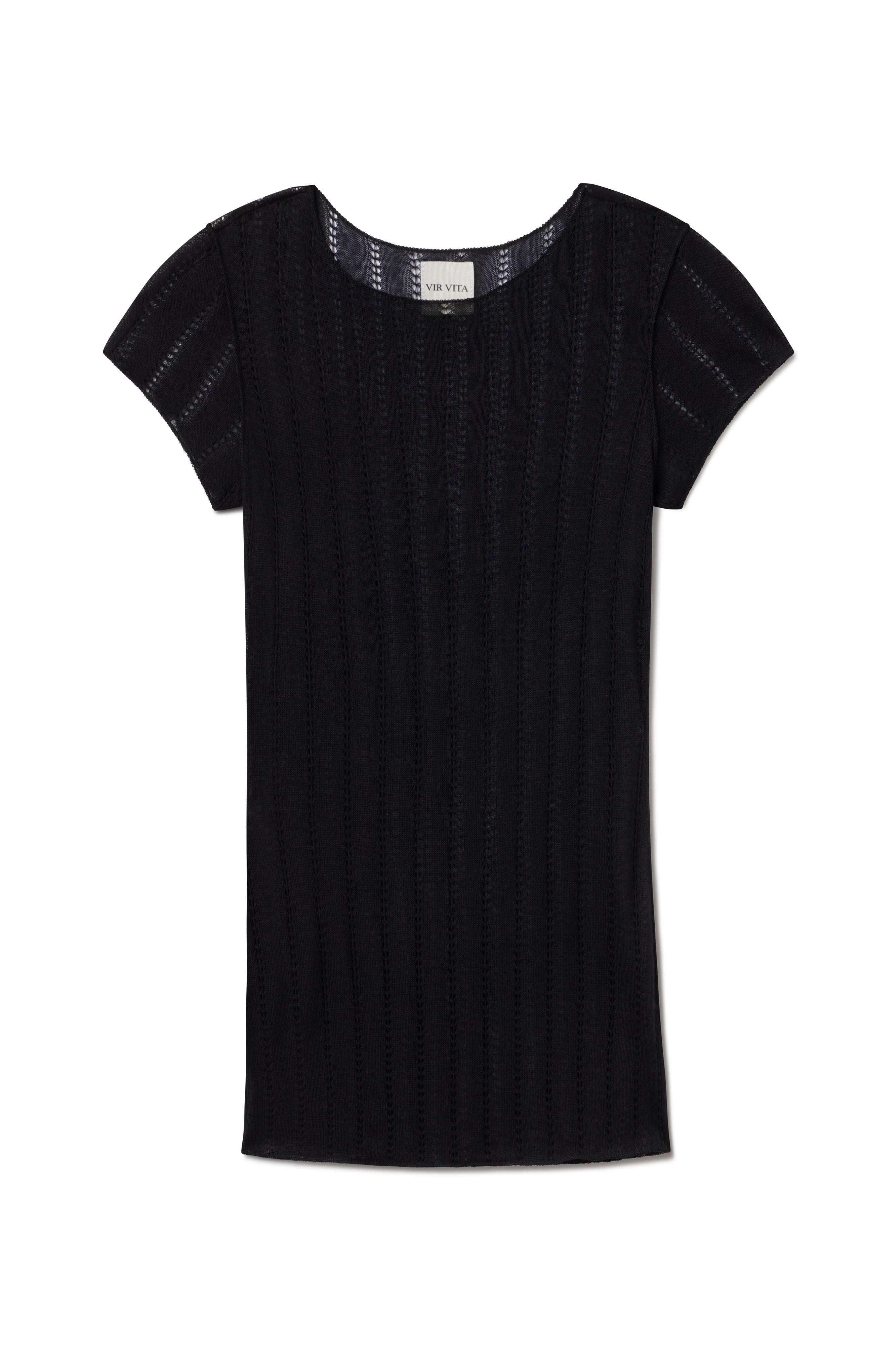 Pinwall photo of black cashmere knit short sleeve woven in italy 15 years ago. This is a sustainable dead stock fabric in a unique pointelle design - VIR VITA

#color_black