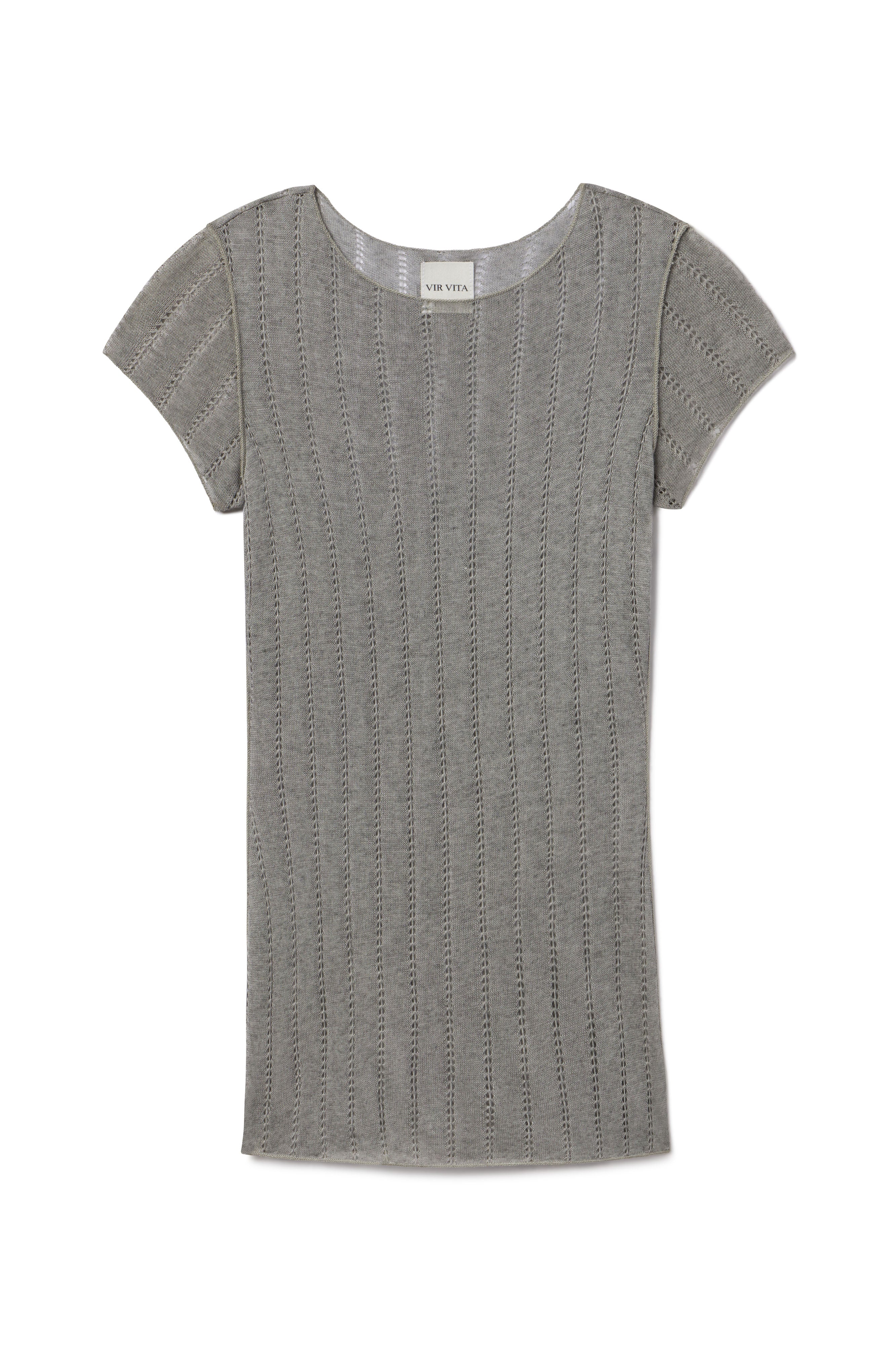 Pinwall photo of heather grey cashmere knit short sleeve woven in italy 15 years ago. This is a sustainable dead stock fabric in a unique pointelle design - VIR VITA
#color_heather grey