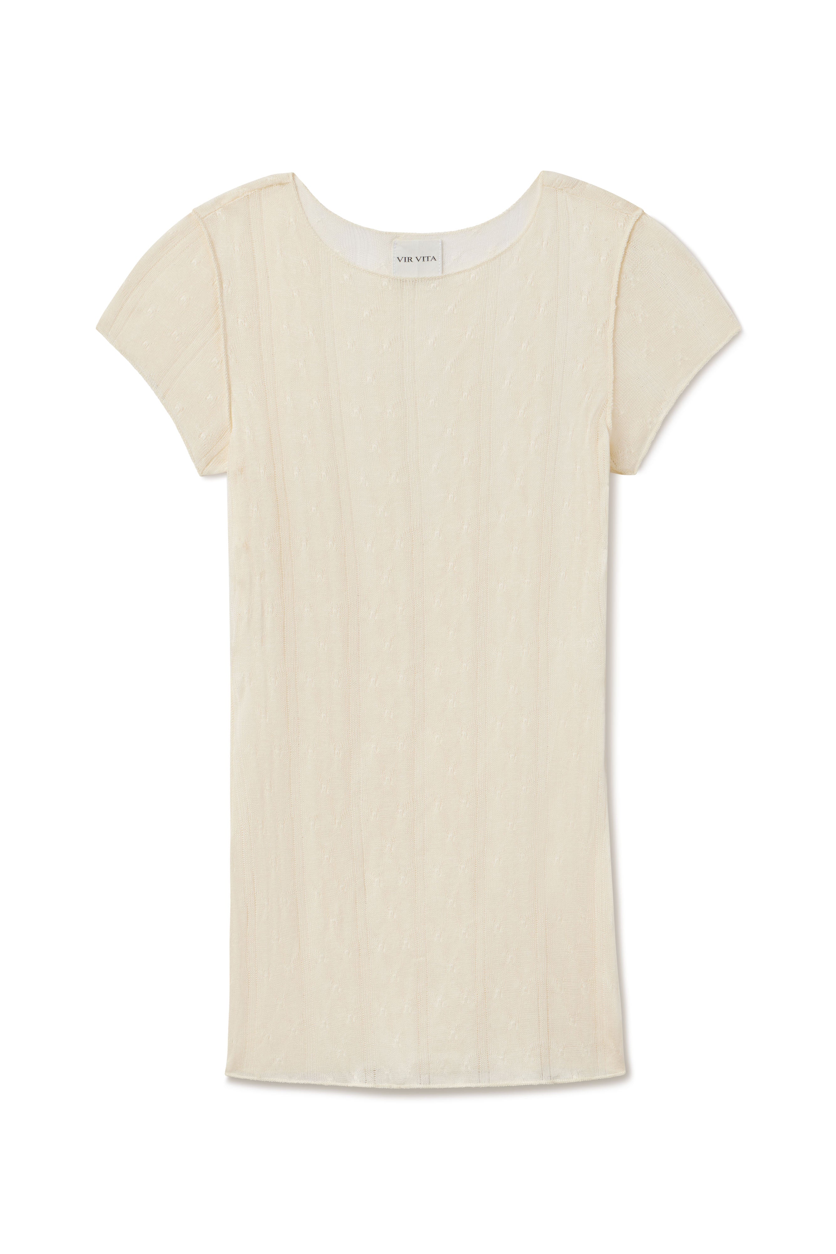 Pinwall photo of cream cashmere knit short sleeve woven in italy 15 years ago. This is a sustainable dead stock fabric in a unique pointelle design - VIR VITA
#color_cream