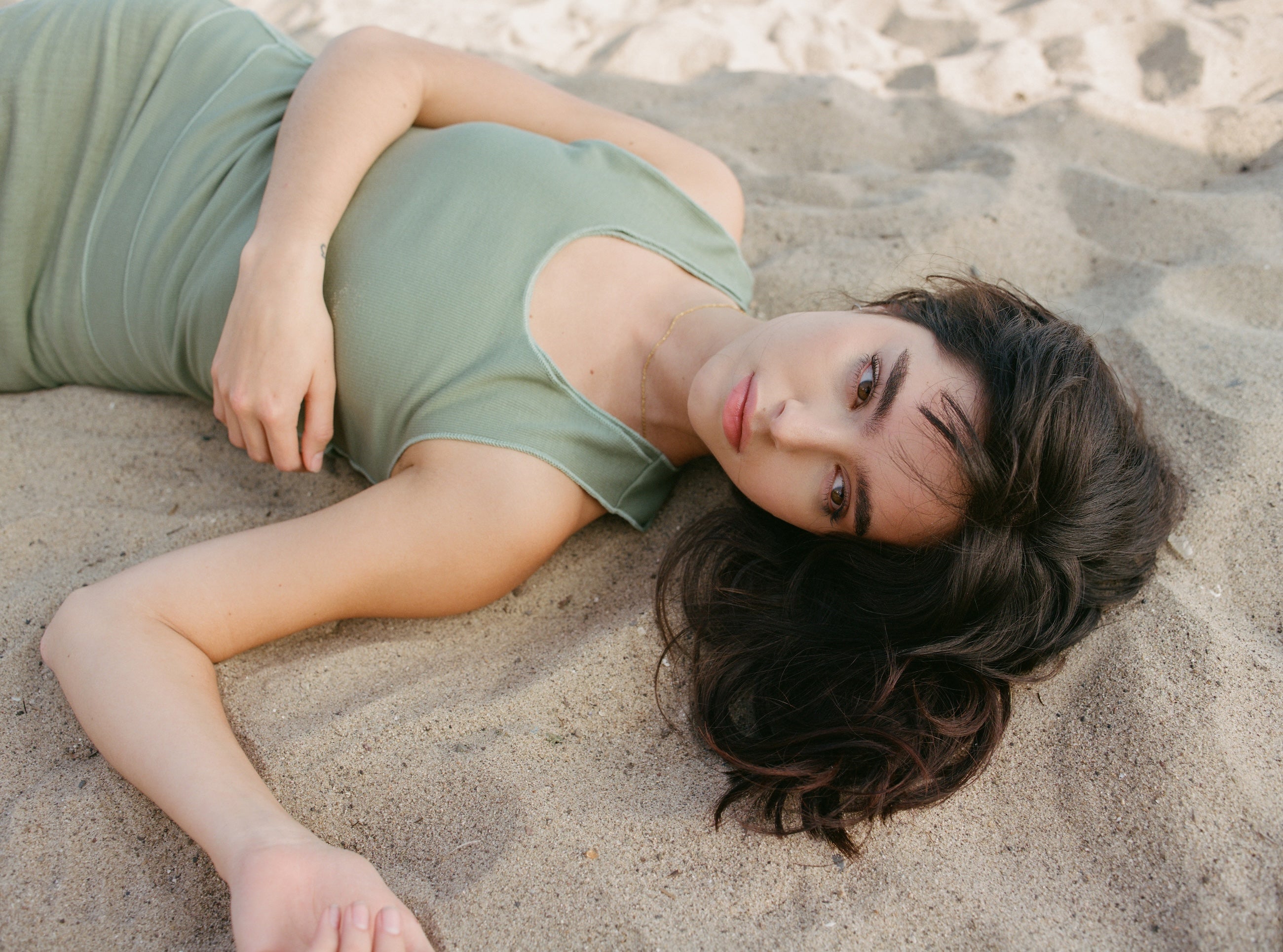 Female model wearing sustainable micro modal sage green double lined tank top and sage green linen mini skirt. Classic, timeless, elegant, french style. natural organic clothing- VIR VITA
#color_sage
