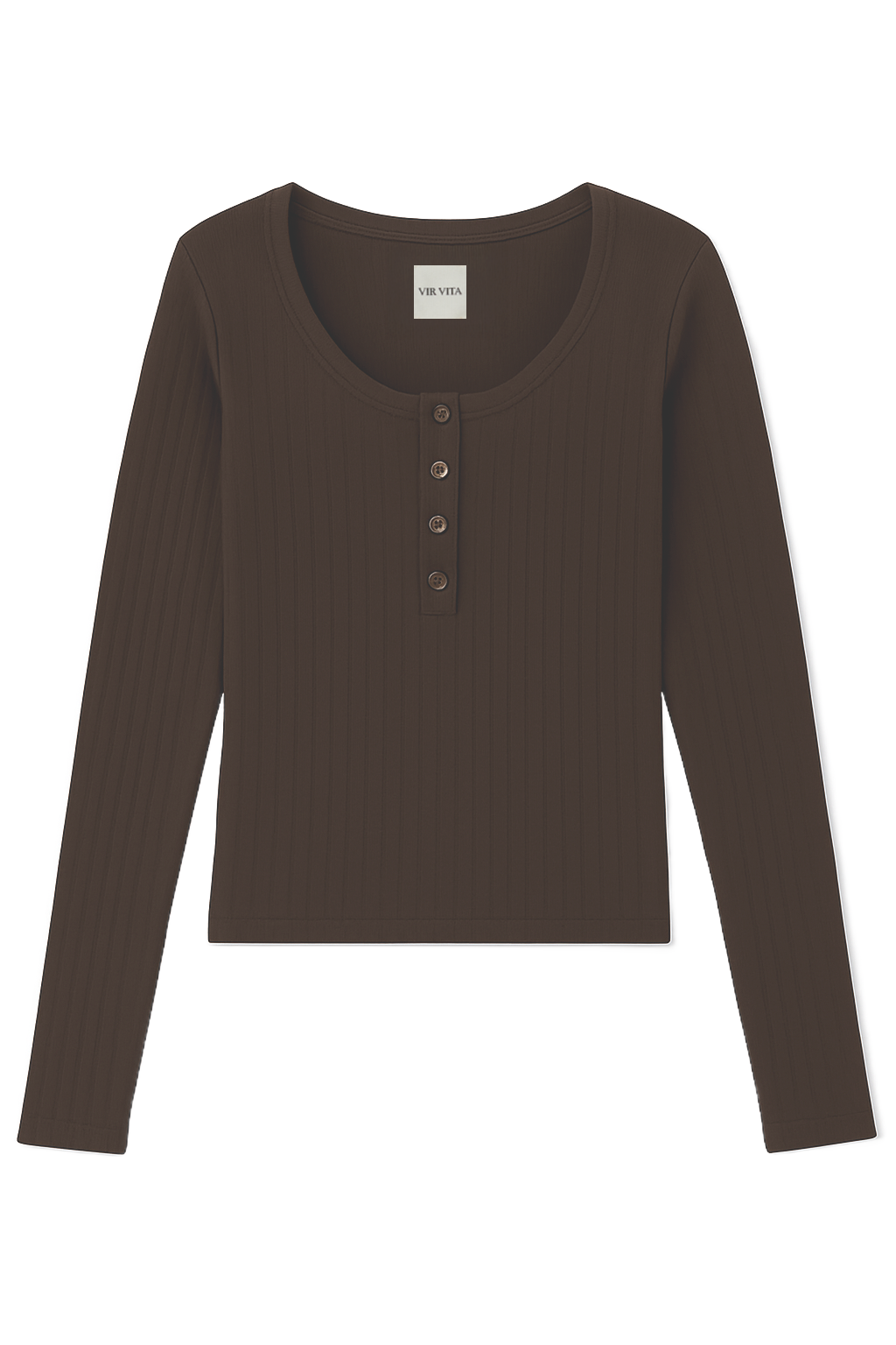 Flat image of a dark brown cotton pointelle henley long sleeve top with matching buttons - VIR VITA
#color_espresso