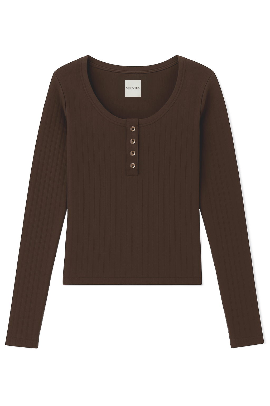 Flat image of a dark brown cotton pointelle henley long sleeve top with matching buttons - VIR VITA
#color_espresso