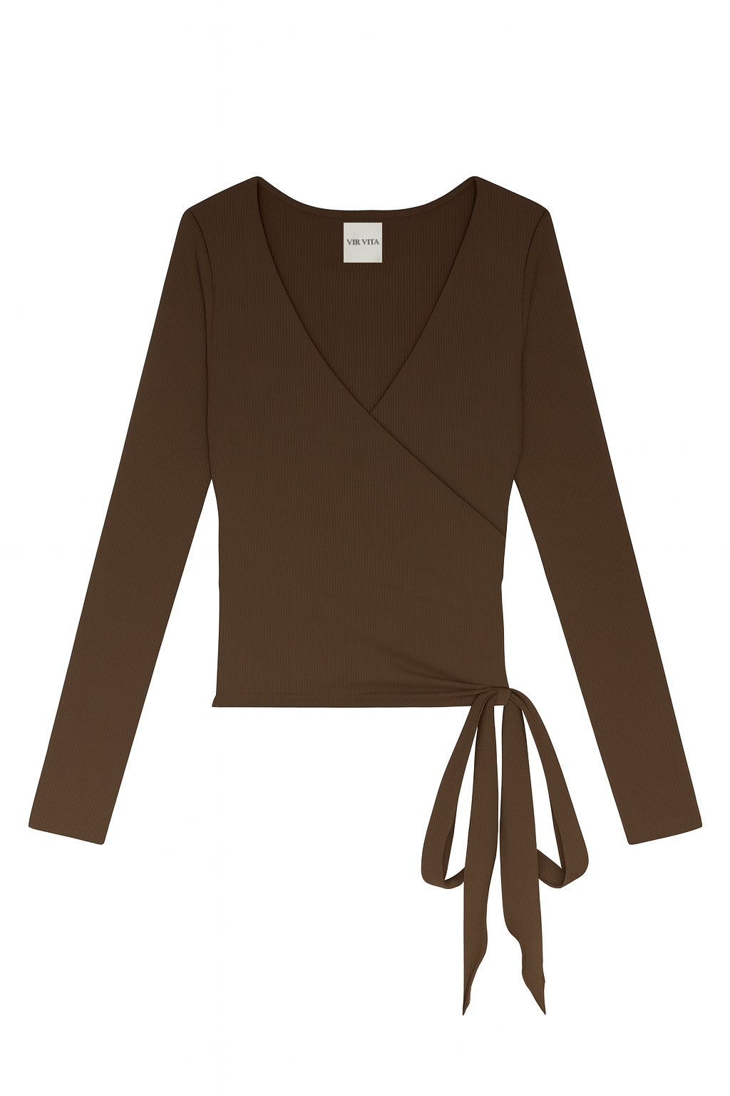 Flat image of a modal knit long sleeve wrap top featuring a classic ballerina silhouette in dark brown - VIR VITA
#color_chestnut