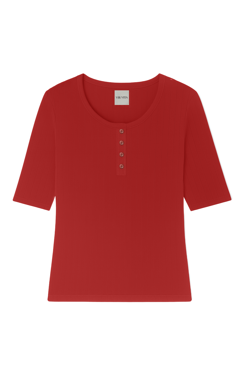 Flat image of a red henley quarter sleeve cotton pointelle top with matching buttons - VIR VITA
#color_apple red