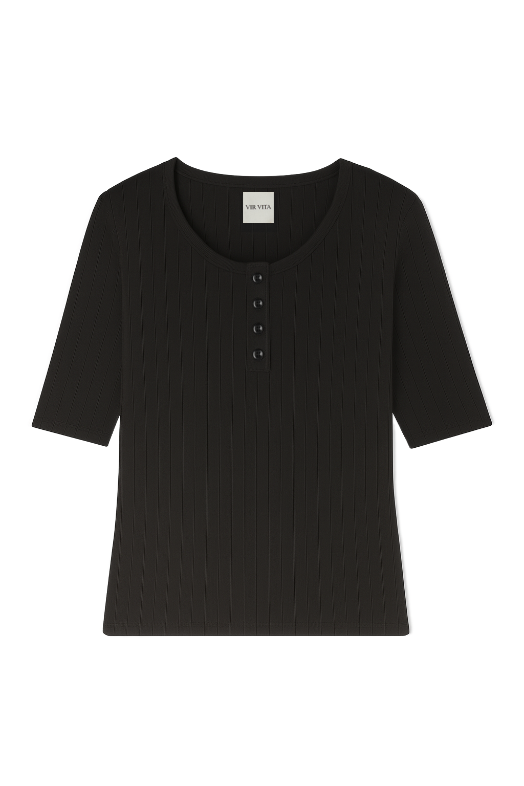Flat image of a black henley quarter sleeve cotton pointelle top with matching buttons - VIR VITA
#color_black
