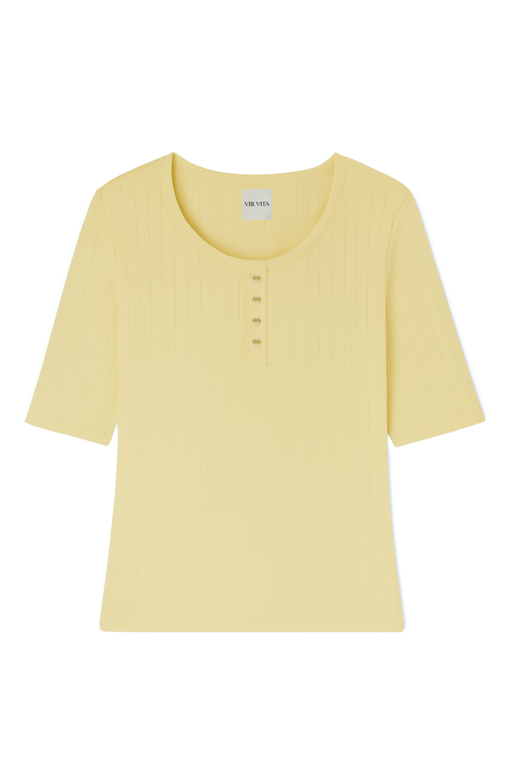 Flat image of a pale yellow henley quarter sleeve cotton pointelle top with matching buttons - VIR VITA
#color_butter