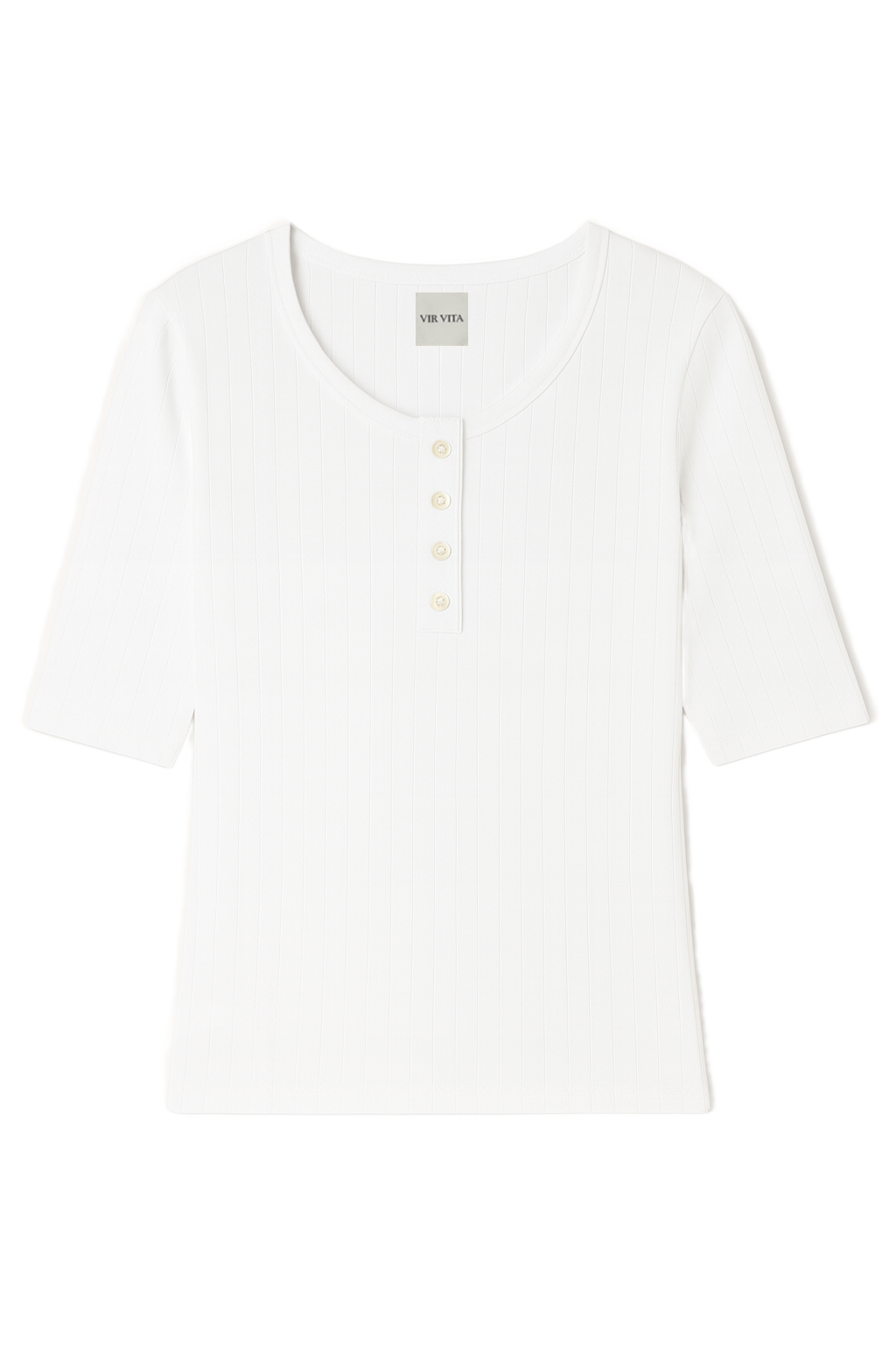 Flat image of a white henley quarter sleeve cotton pointelle top with matching buttons - VIR VITA
#color_coconut
