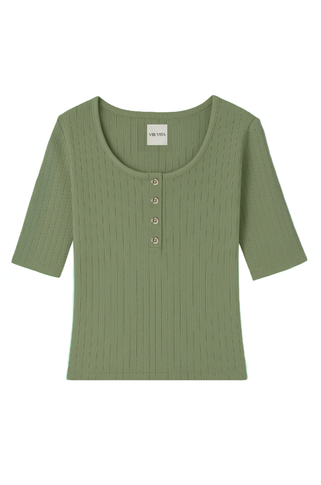 Flat image of a sage green henley quarter sleeve cotton pointelle top with matching buttons - VIR VITA
#color_sage