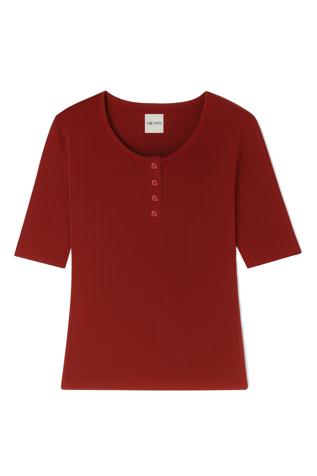 Flat image of a dark red henley quarter sleeve cotton pointelle top with matching buttons - VIR VITA
#color_sun dried tomato