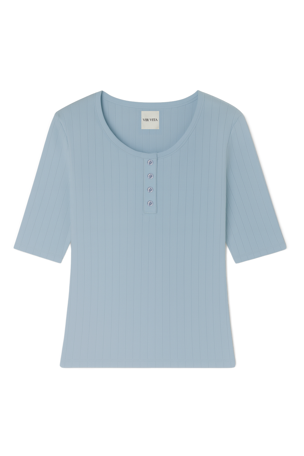Flat image of a light blue henley quarter sleeve cotton pointelle top with matching buttons - VIR VITA
#color_vintage blue
